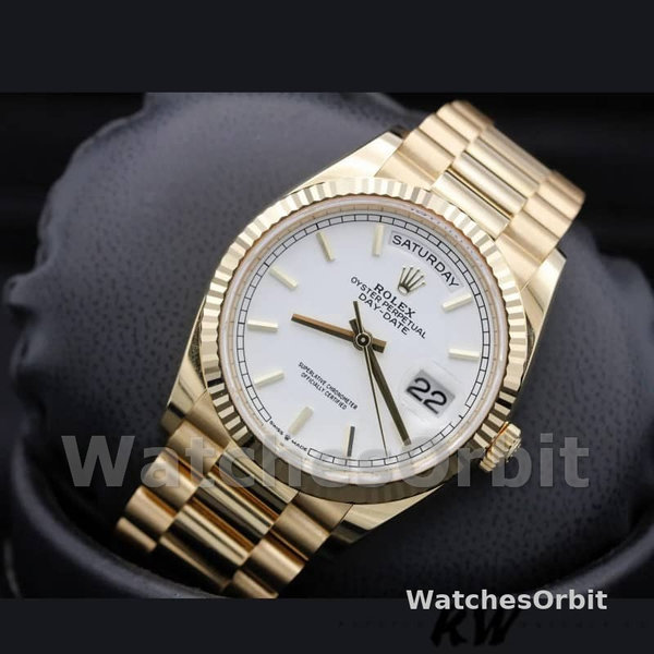 Replica Rolex Day-Date 36mm Unisex-128238 0081 Geribbelde lunette-Witte index wijzerplaat Wit