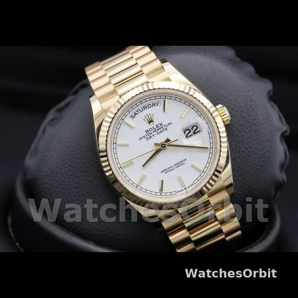 Replica Rolex Day-Date 36mm Unisex-128238 0081 Geribbelde lunette-Witte index wijzerplaat Wit