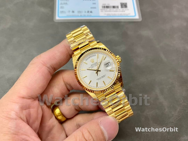 Replica Rolex Day-Date 36mm Unisex-128238 0081 Geribbelde lunette-Witte index wijzerplaat Wit