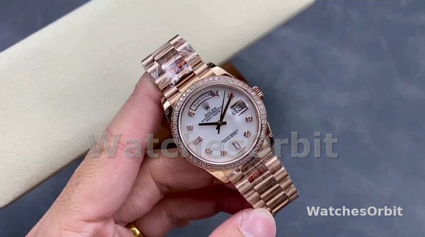 Replica Rolex Day-Date 36mm unisex-128345RBR 0028-Mother of Pearl White Dial-Everose Gold MOP