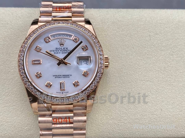 Replica Rolex Day-Date 36mm unisex-128345RBR 0028-Mother of Pearl White Dial-Everose Gold MOP