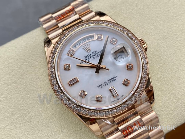 Replica Rolex Day-Date 36mm unisex-128345RBR 0028-Mother of Pearl White Dial-Everose Gold MOP