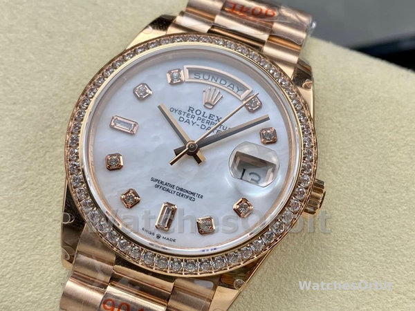 Replica Rolex Day-Date 36mm unisex-128345RBR 0028-Mother of Pearl White Dial-Everose Gold MOP