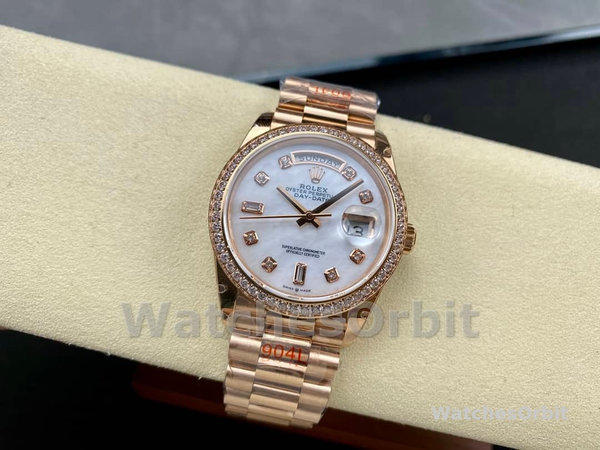Replica Rolex Day-Date 36mm unisex-128345RBR 0028-Mother of Pearl White Dial-Everose Gold MOP