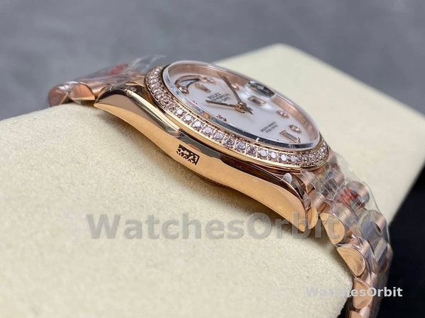 Replica Rolex Day-Date 36mm unisex-128345RBR 0028-Mother of Pearl White Dial-Everose Gold MOP