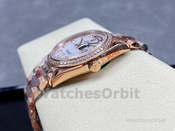 Replica Rolex Day-Date 36mm unisex-128345RBR 0028-Mother of Pearl White Dial-Everose Gold MOP