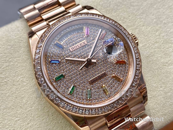 Replica Rolex Day Date 36-m128396TBR 0005, Platina, Parelmoer wijzerplaat, Diamanten ring, President, MOP wijzerplaat