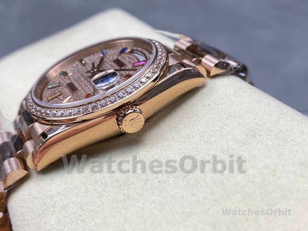 Replica Rolex Day Date 36-m128396TBR 0005, Platina, Parelmoer wijzerplaat, Diamanten ring, President, MOP wijzerplaat