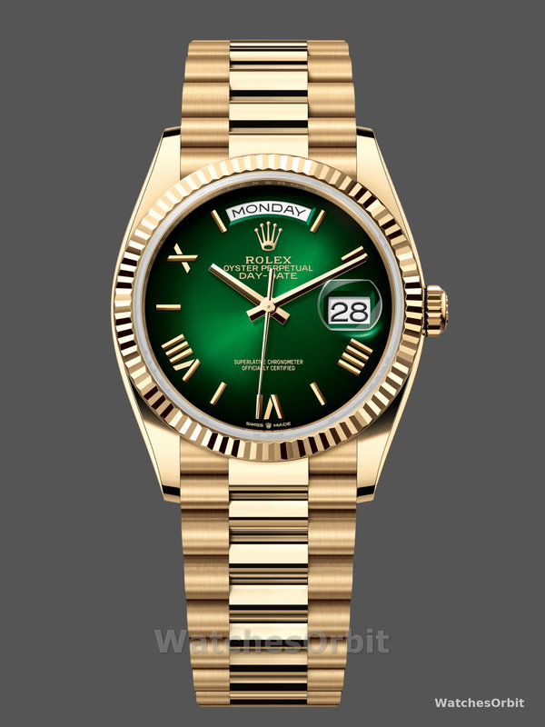 Rolex Day Date 36mm Fluted Bezel Green Ombre Dial President Bracelet m128238 0118