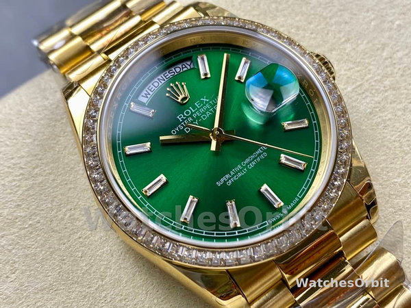 Replica Rolex Day Date 40-M228238 00691, geelgoud, groene ombre wijzerplaat, groene ombre wijzerplaat