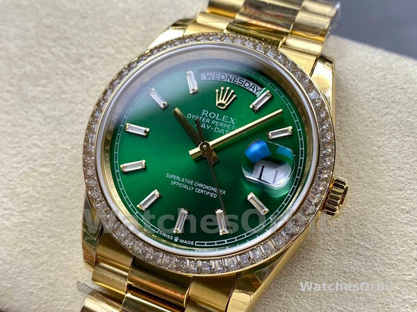 Replica Rolex Day Date 40-M228238 00691, geelgoud, groene ombre wijzerplaat, groene ombre wijzerplaat