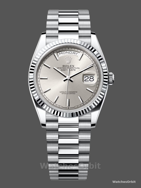 Rolex Day Date 36mm Platinum White Gold Silver Index 128236 0001