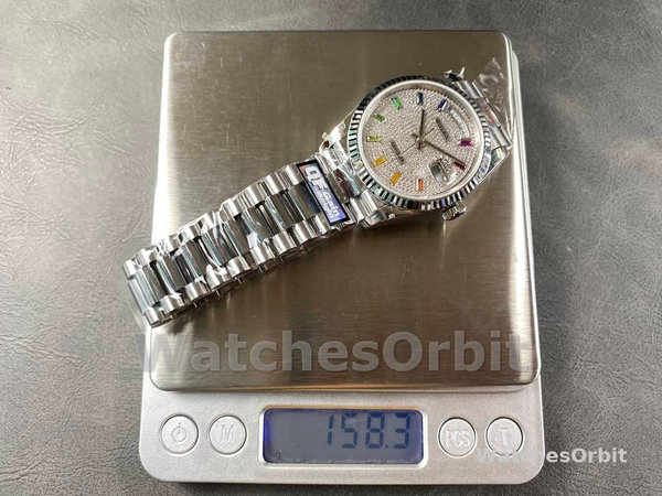 Replica Rolex Day Date 36-128239 0016, witgoud, Pave Rainbow Diamond Dial, diamanten wijzerplaat