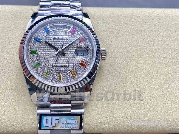 Replica Rolex Day Date 36-128239 0016, witgoud, Pave Rainbow Diamond Dial, diamanten wijzerplaat
