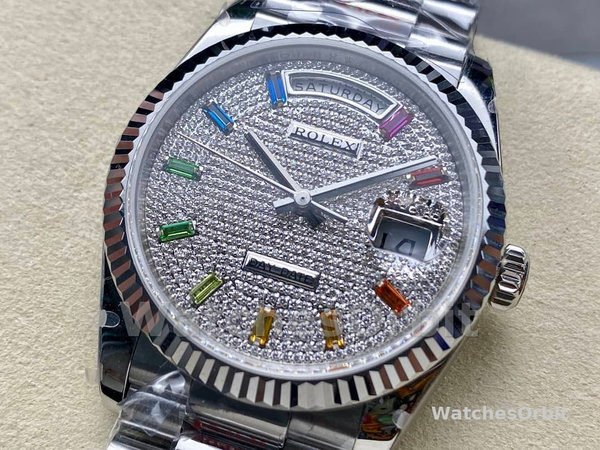 Replica Rolex Day Date 36-128239 0016, witgoud, Pave Rainbow Diamond Dial, diamanten wijzerplaat