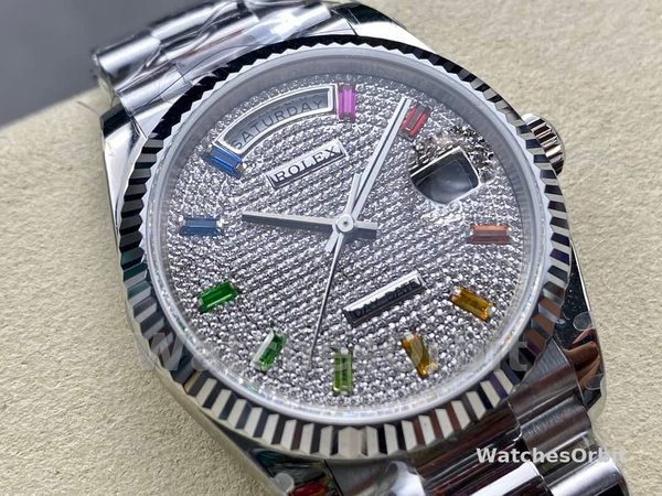Replica Rolex Day Date 36-128239 0016, witgoud, Pave Rainbow Diamond Dial, diamanten wijzerplaat