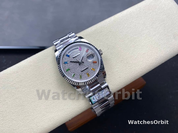 Replica Rolex Day Date 36-128239 0016, witgoud, Pave Rainbow Diamond Dial, diamanten wijzerplaat