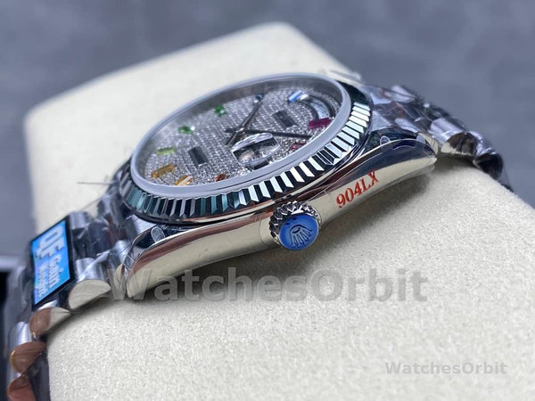 Replica Rolex Day Date 36-128239 0016, witgoud, Pave Rainbow Diamond Dial, diamanten wijzerplaat