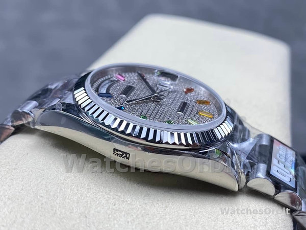 Replica Rolex Day Date 36-128239 0016, witgoud, Pave Rainbow Diamond Dial, diamanten wijzerplaat