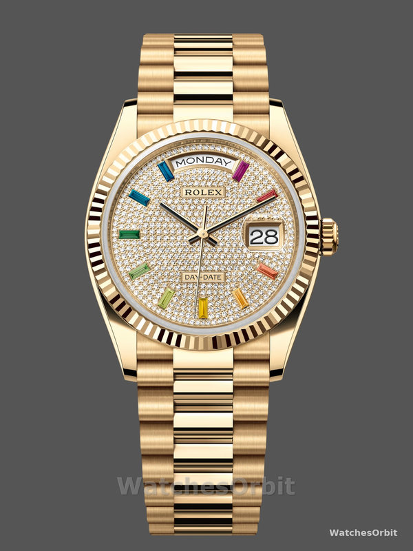 Rolex Day Date 36mm Yellow Gold 128238 0051 Pave Rainbow Diamond Dial Fluted Bezel