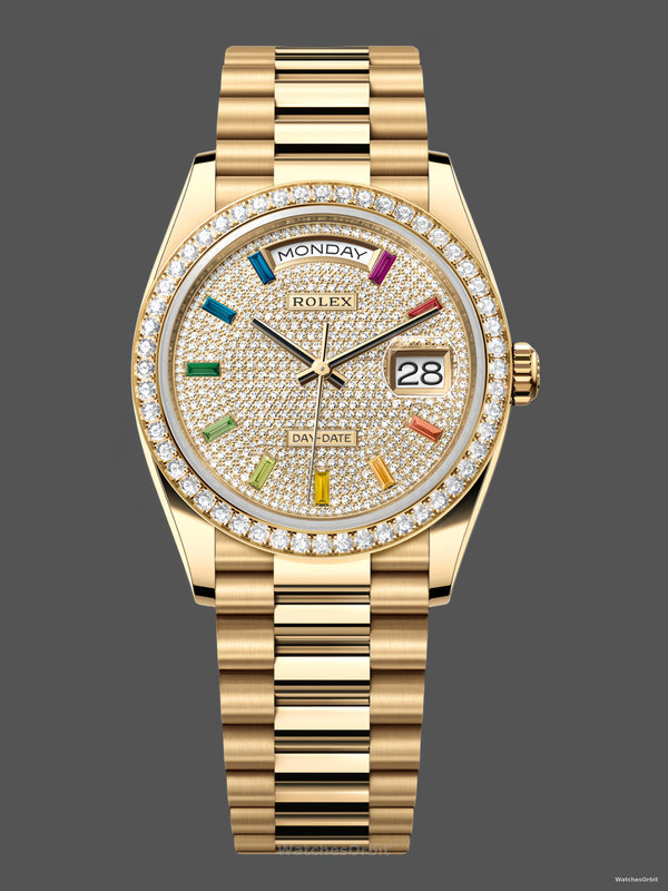 Rolex Day Date 36mm Yellow Gold 128348RBR 0030 Pave Rainbow Diamonds Sapphires Dial