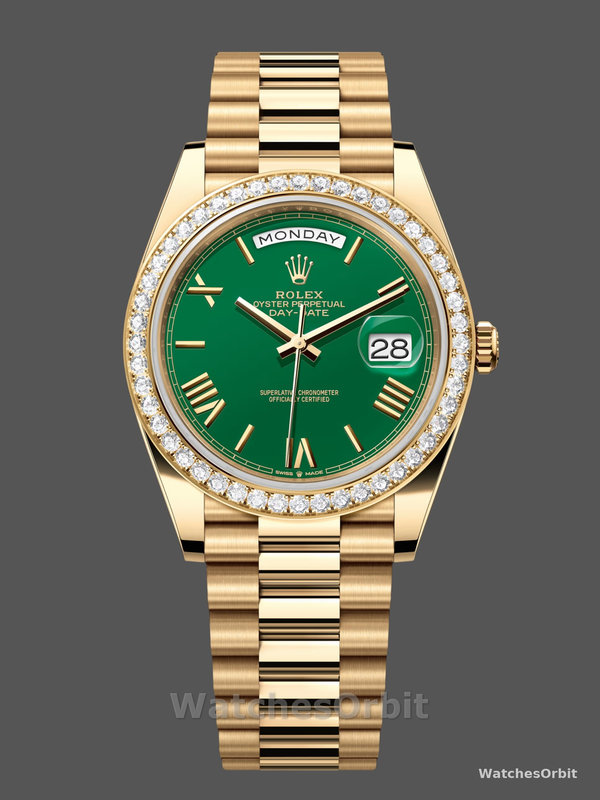 Rolex Day Date 40 18K Yellow Gold Green Dial Diamond Bezel M228348RBR 0040 Men's Watch