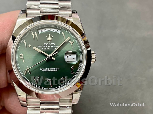 Replica Rolex Day-Date 40-228206 voor heren, Arabisch, Platina, Olijf wijzerplaat, Groene wijzerplaat