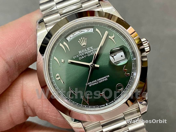 Replica Rolex Day-Date 40-228206 voor heren, Arabisch, Platina, Olijf wijzerplaat, Groene wijzerplaat