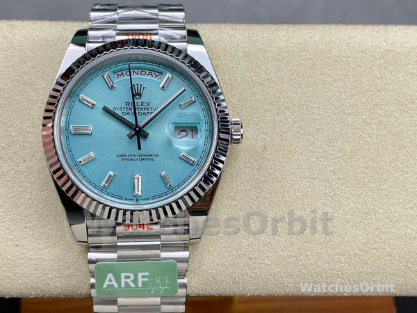 Replica Rolex Day Date 40-228236 0006, Platino, Quadrante Baguette Blu Ghiaccio, Blu Ghiaccio, Uomo