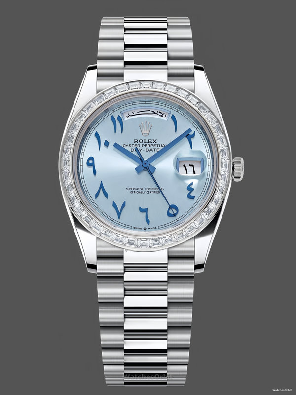Rolex Day-Date 40mm Platinum Ice Blue Arabic Dial Diamond Bezel 228396TBR Men's Watch