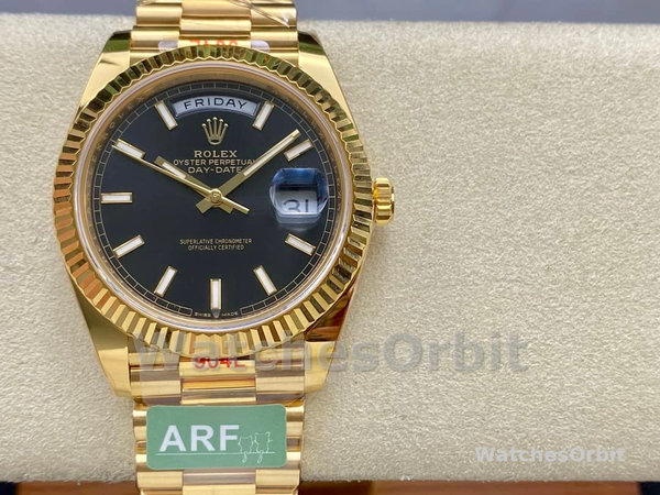 Replica Heren Rolex Day-Date 40-m228238 0067, Geelgoud, President, zwarte wijzerplaat