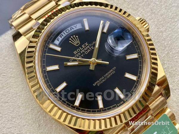 Replica Heren Rolex Day-Date 40-m228238 0067, Geelgoud, President, zwarte wijzerplaat