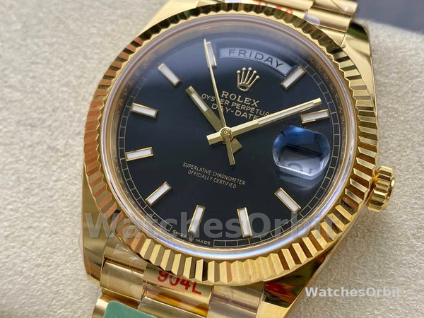 Replica Heren Rolex Day-Date 40-m228238 0067, Geelgoud, President, zwarte wijzerplaat