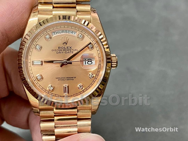 Replica Rolex Day-Date 36mm unisex-m128235 0009-Evergoud-Roze Wijzerplaat Roze Roze