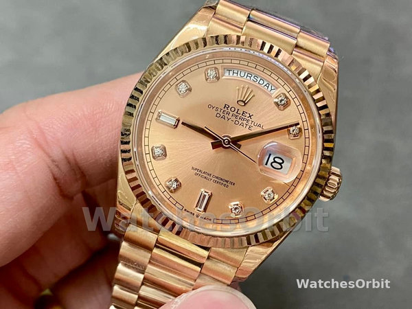Replica Rolex Day-Date 36mm unisex-m128235 0009-Evergoud-Roze Wijzerplaat Roze Roze