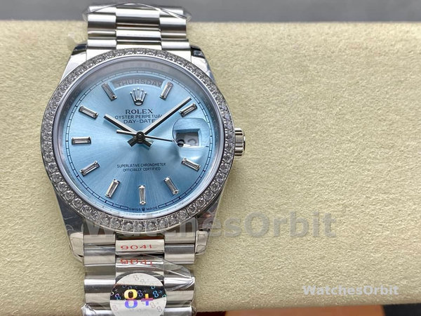 Replica Heren Rolex Day Date 36-M128235 0085, Evergoud, Blauwgroene wijzerplaat, Oyster