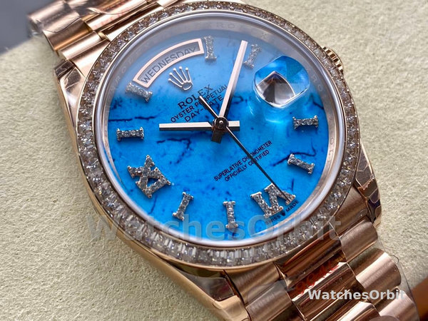 Replica Rolex Day Date 36-128238 0132 voor heren, champagne wijzerplaat, geelgouden armband
