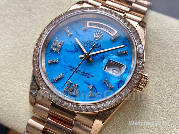 Replica Rolex Day Date 36-128238 0132 voor heren, champagne wijzerplaat, geelgouden armband