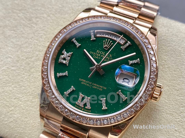 Replica Rolex Day Date 36-128238 0132 voor heren, champagne wijzerplaat, geelgouden armband