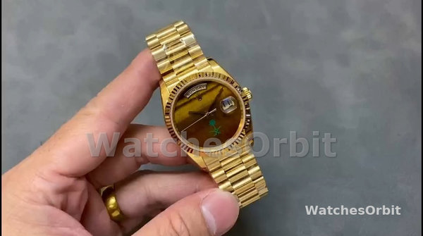 Replica Dames Rolex Day-Date 36-36mm, Saffier spiegel, Tijgeroog wijzerplaat, President, gele wijzerplaat