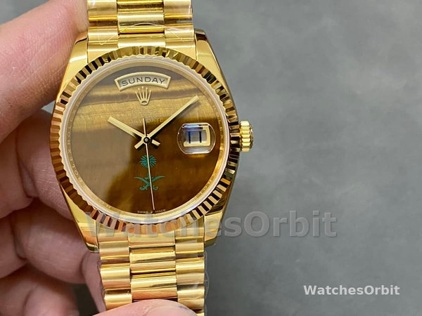 Replica Dames Rolex Day-Date 36-36mm, Saffier spiegel, Tijgeroog wijzerplaat, President, gele wijzerplaat