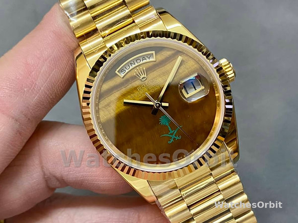 Replica Dames Rolex Day-Date 36-36mm, Saffier spiegel, Tijgeroog wijzerplaat, President, gele wijzerplaat