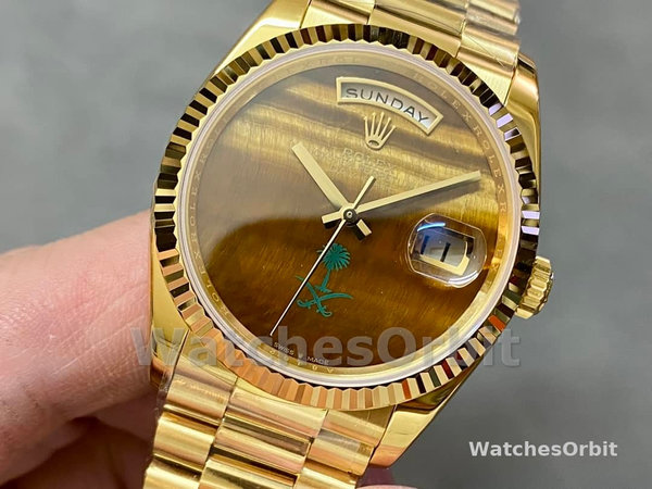 Replica Dames Rolex Day-Date 36-36mm, Saffier spiegel, Tijgeroog wijzerplaat, President, gele wijzerplaat
