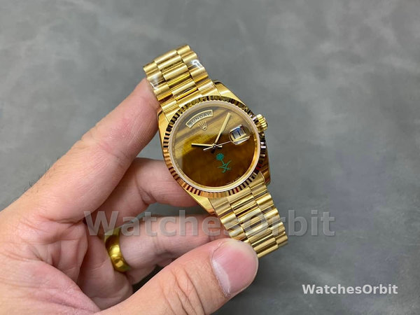 Replica Dames Rolex Day-Date 36-36mm, Saffier spiegel, Tijgeroog wijzerplaat, President, gele wijzerplaat