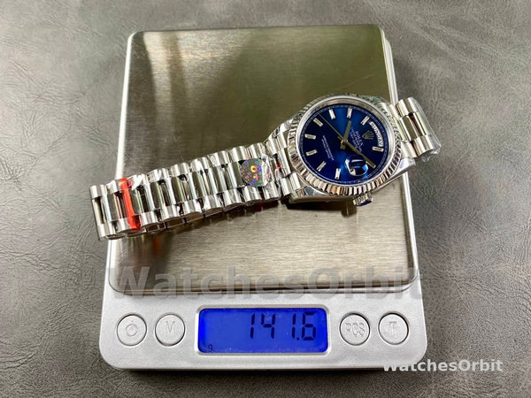 Replica Rolex Day Date 36-m128236 0023 voor heren, 36 mm, helderblauwe wijzerplaat met diamant bezet, geribbelde lunette, President