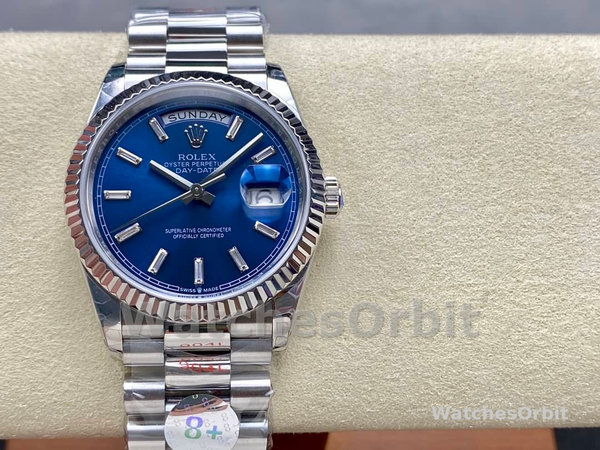 Replica Rolex Day Date 36-m128236 0023 voor heren, 36 mm, helderblauwe wijzerplaat met diamant bezet, geribbelde lunette, President