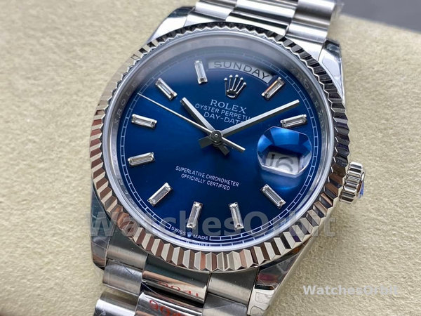 Replica Rolex Day Date 36-m128236 0023 voor heren, 36 mm, helderblauwe wijzerplaat met diamant bezet, geribbelde lunette, President