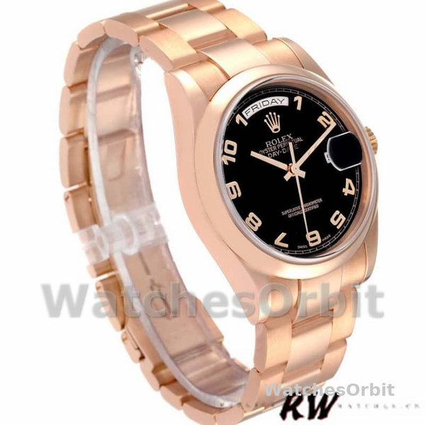 Replica Rolex President Day-Date 36mm unisex-118205-Rose Gold-Black Dial Zwart