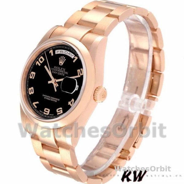 Replica Rolex President Day-Date 36mm unisex-118205-Rose Gold-Black Dial Zwart