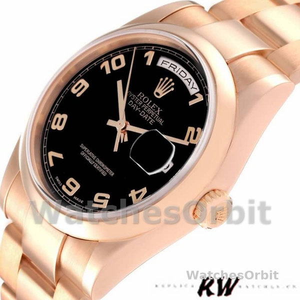 Replica Rolex President Day-Date 36mm unisex-118205-Rose Gold-Black Dial Zwart